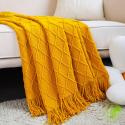 SOGA 2X Yellow Diamond Pattern Knitted Throw Blanket Warm Cozy Woven C